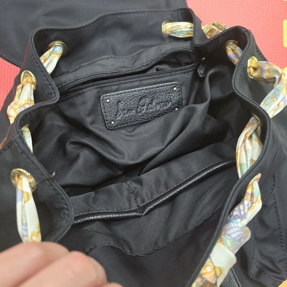 Sam Edelman‎ Black Nylon Backpack Gold Hardware Scarf Drawstring Flap Pocket...